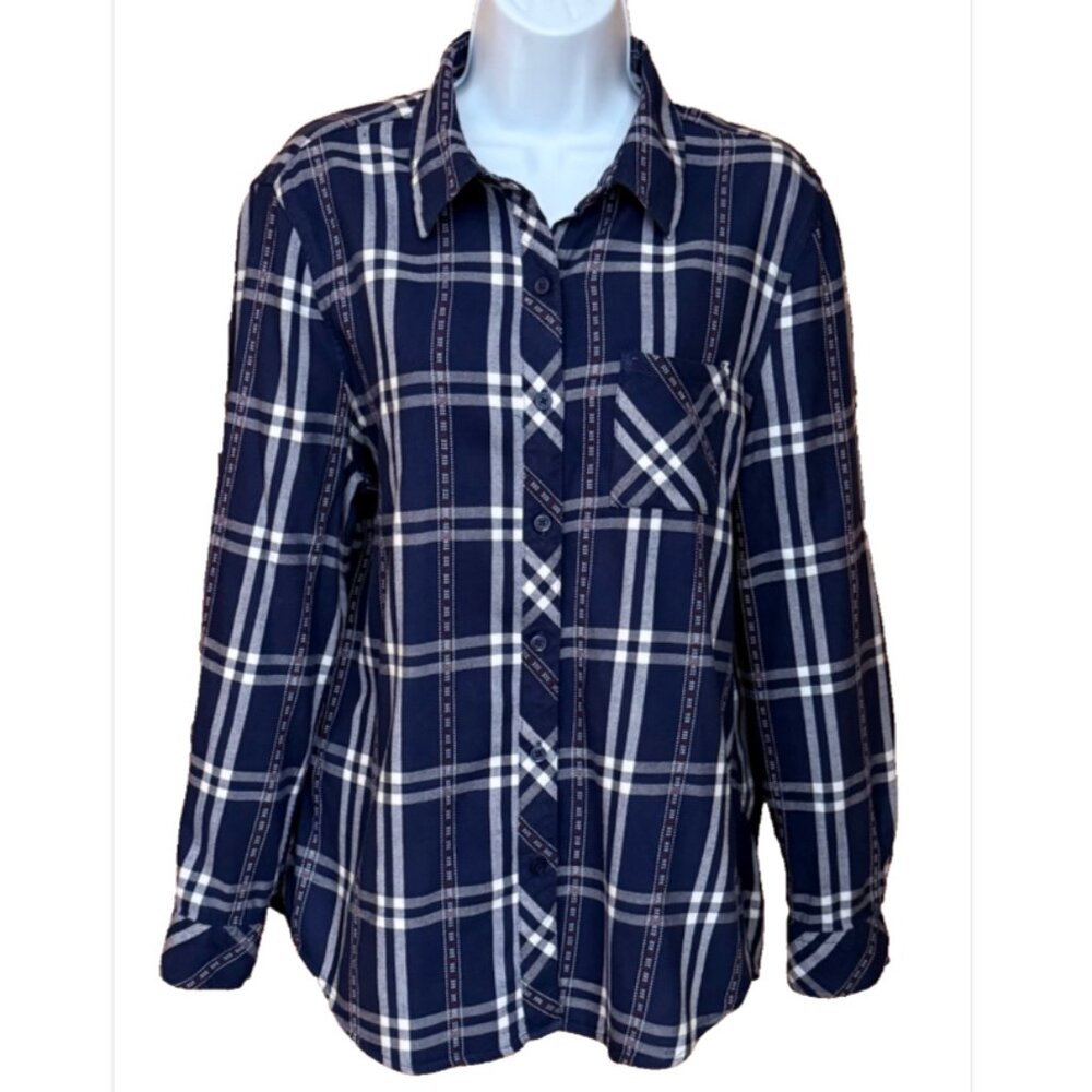Women's Navy Plaid Button Down Shirt L Blue Rodeo Coastal Cowgirl Grunge Farm